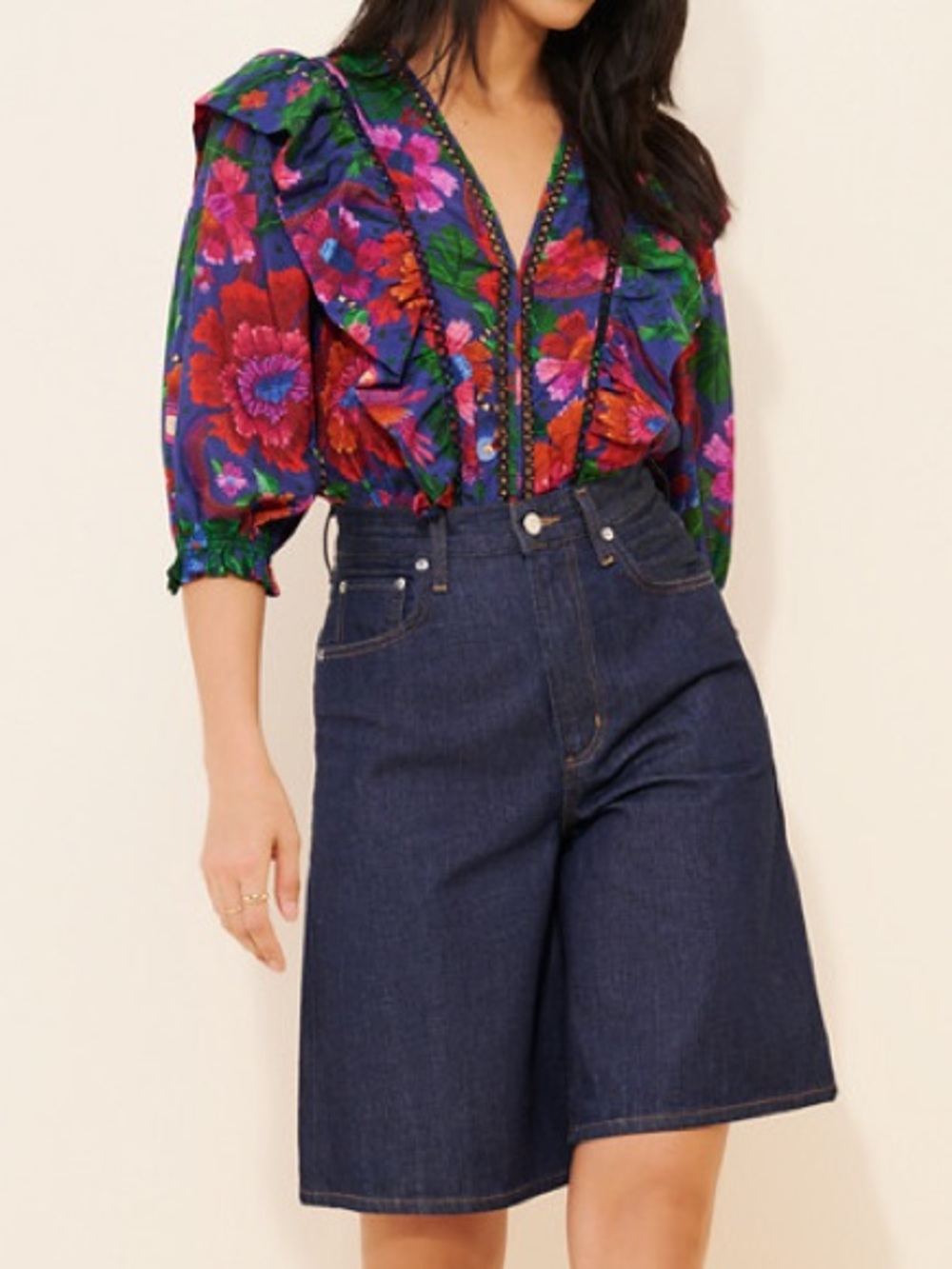 Farm Rio Floral Puff Sleeve Bodysuit Purple Floral V-Neck Puff Sleeve Bodysuit